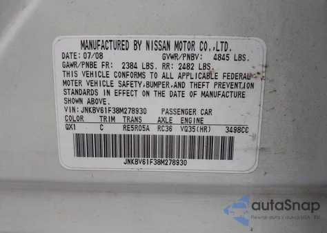 2008 Infiniti G35X из США, поврежденный, VIN JNKBV61F38M278930